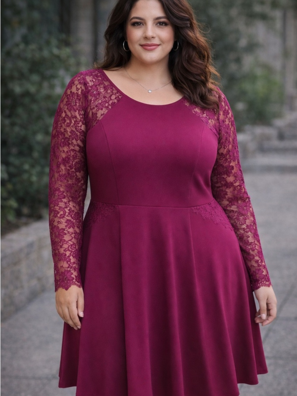 Addition Elle Plus Size 3X Wine Lace Long-Sleeve Fit-and-Flare Dress BNWT